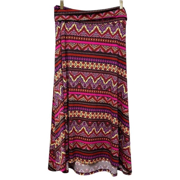 LULAROE Boho Midi Skirt Size Large Stretch Jersey Red Aztec Print Pullon High Lo - Picture 1 of 8